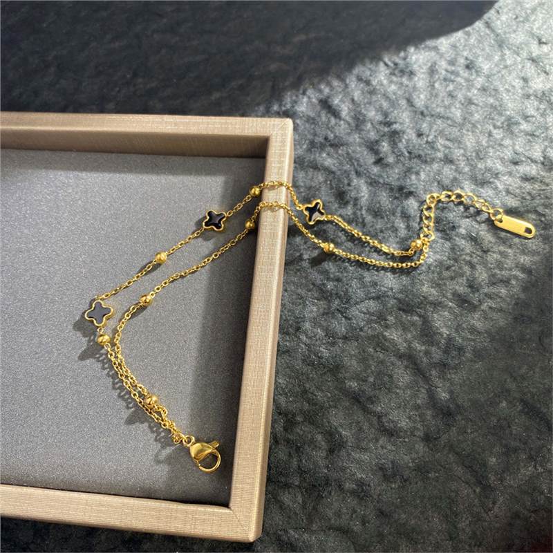 Original Design Geometric Four-Leaf Clover Roman Numeral Double-Layer Bracelet in Titanium Steel with Gold Plating