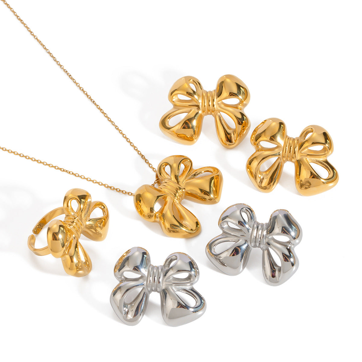 Minimalist 18K Gold Plated Stainless Steel Bow Knot Necklace for Women
