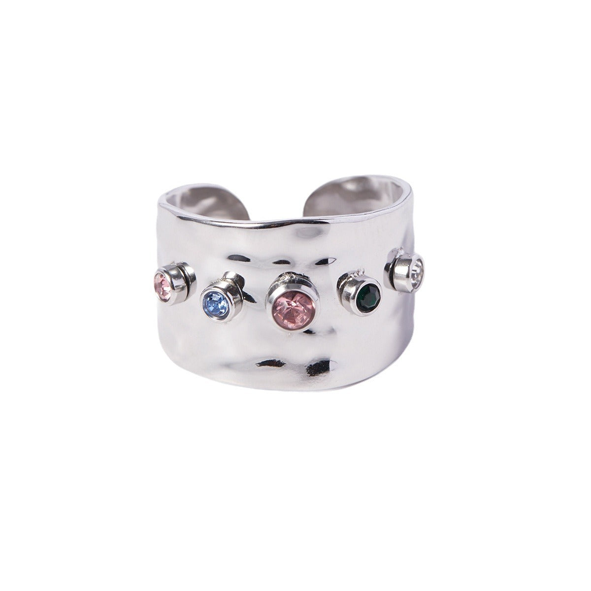 Anello Aperto Geometrico Minimalista da Donna in Acciaio Inossidabile con Intarsio in Zirconia Colorata e Finitura Placcata