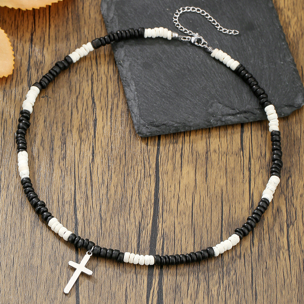 Bohemian Style Wooden Bead and Stainless Steel Cross Pendant Necklace for Men and Women with Geometric Shape and Handmade Craftsmanship