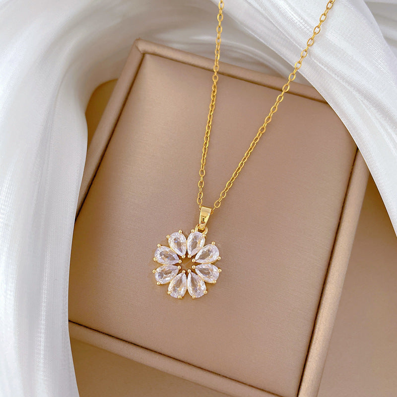 Rotating Zircon Flower Pendant Necklace for Women Stainless Steel Delicate Clavicle Chain with Full Rhinestone Accents