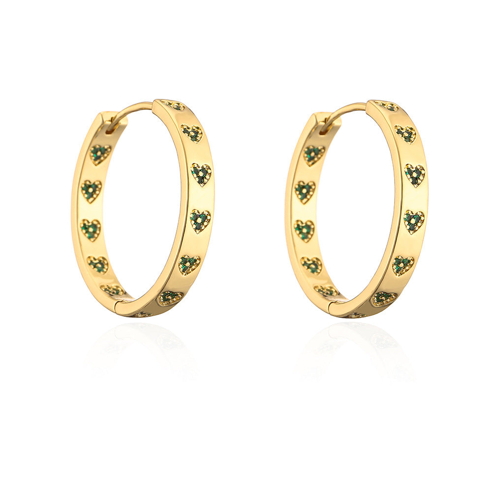 Orecchini a Cerchio Geometrici in Rame d'Ispirazione Vintage con Placcatura in Oro 18K e Accento a Cuore in Zirconia Cubica da Donna