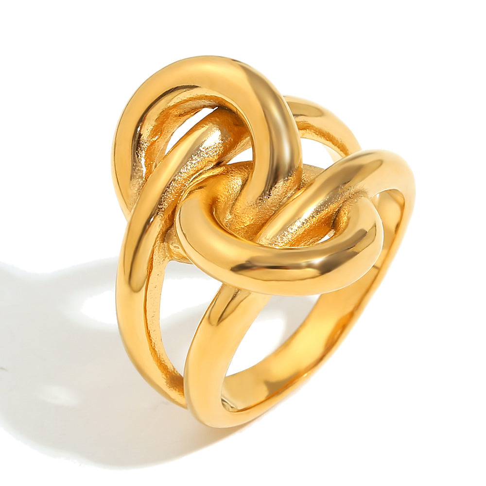 Fashionable Minimalist Geometric Stainless Steel Ring with 18K Gold Plating Double-Knotted Twisted Design for Women