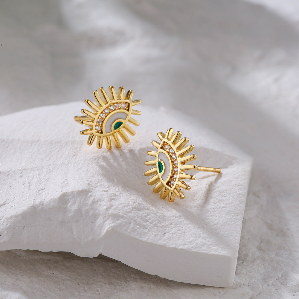 Minimalist Geometric Evil Eye Stud Earrings in Copper with Real Gold Plating and Zircon Inlay