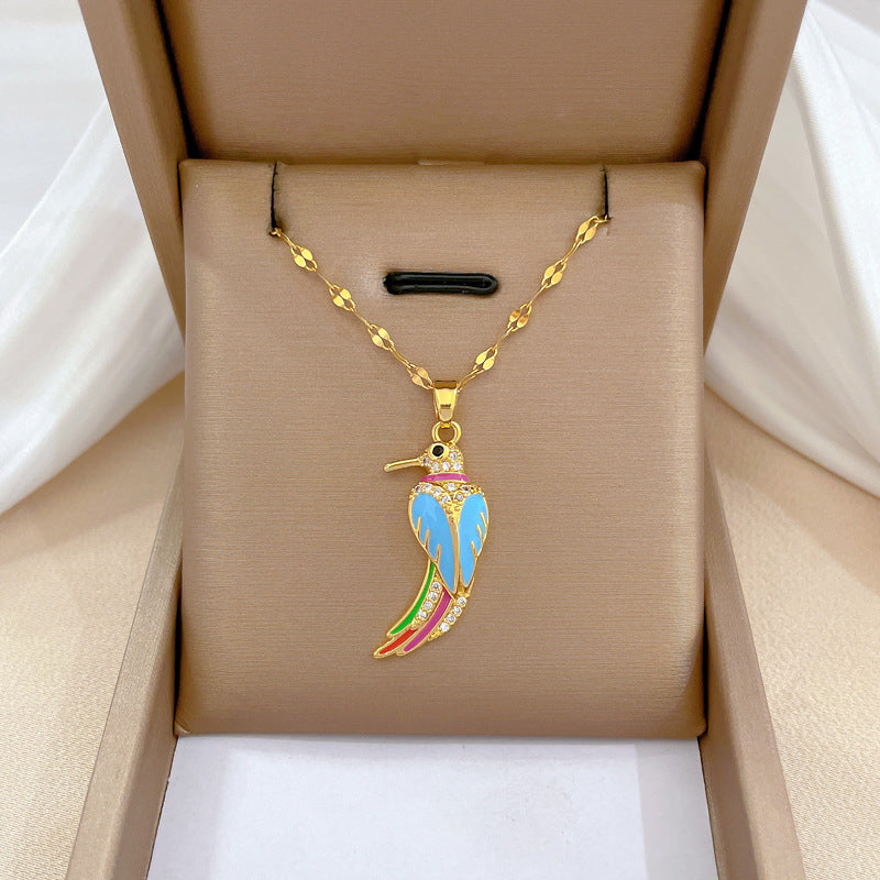 Four-Leaf Clover Rhinestone Pendant Necklace for Women Titanium Steel Irregular Chain Shell Locket Floral Style