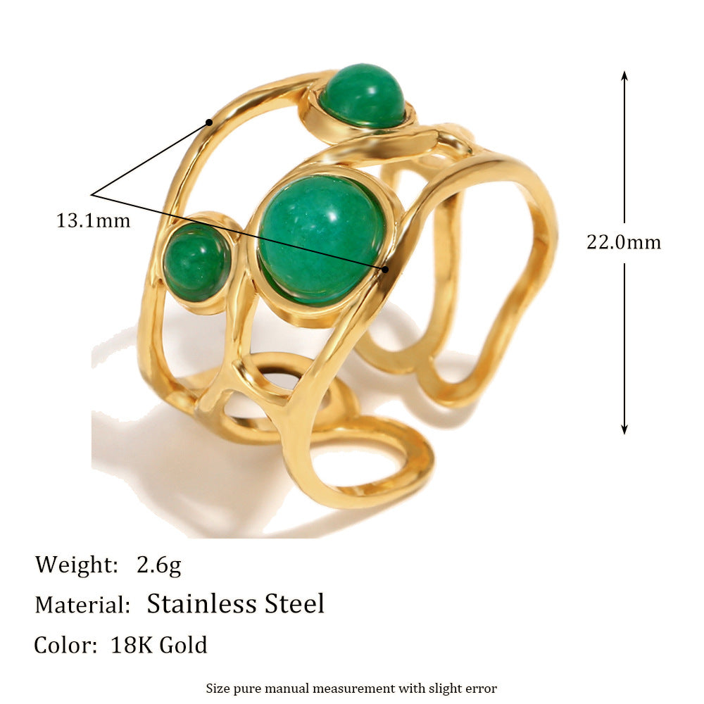 Fashionable Geometric Stainless Steel Ring with 18K Gold Plating and Emerald Accent for Women