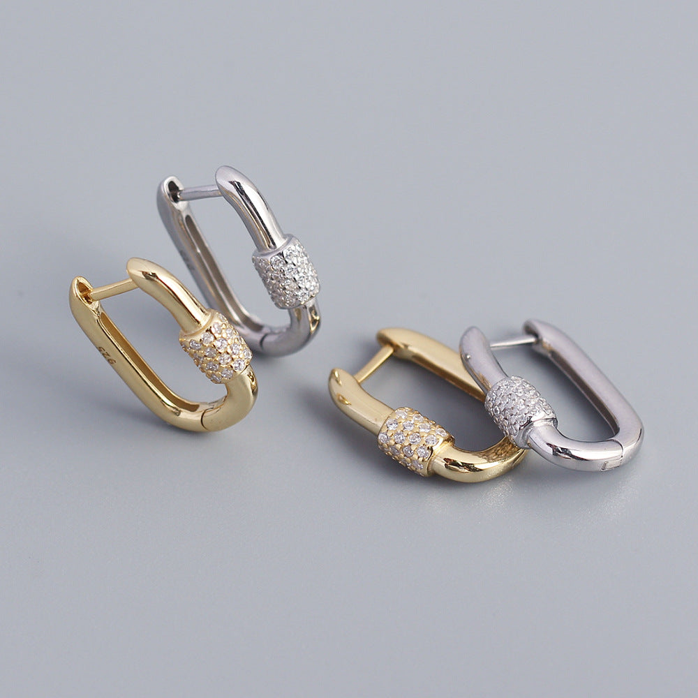 Geometric Oval S925 Sterling Silver Ear Cuffs with Rhinestone Inlay for Women