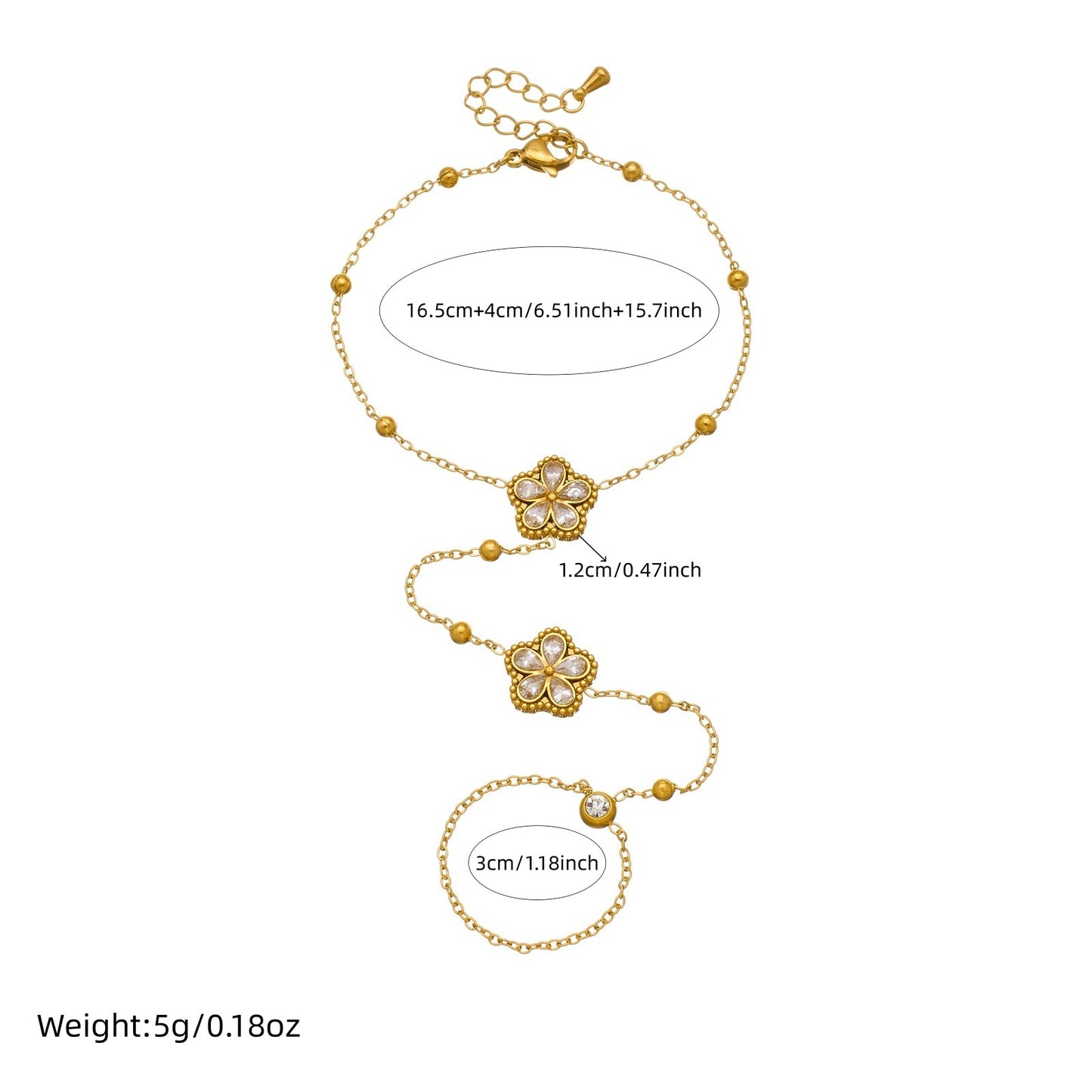 Minimalist Elegant Gold Plated Stainless Steel Floral Rhinestone Hand Chain with Tassel