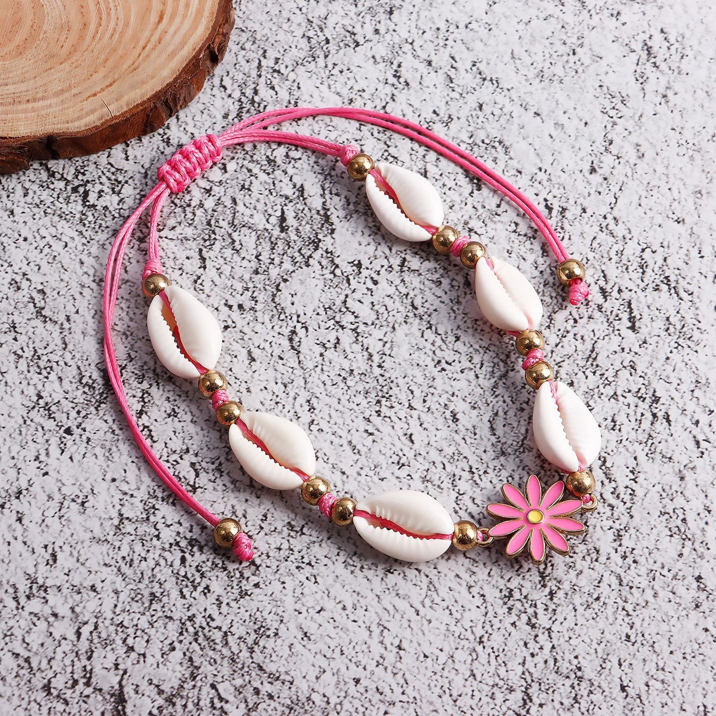 Bohemian-Inspired Adjustable Shell Anklet with Enamel Floral Design for Women