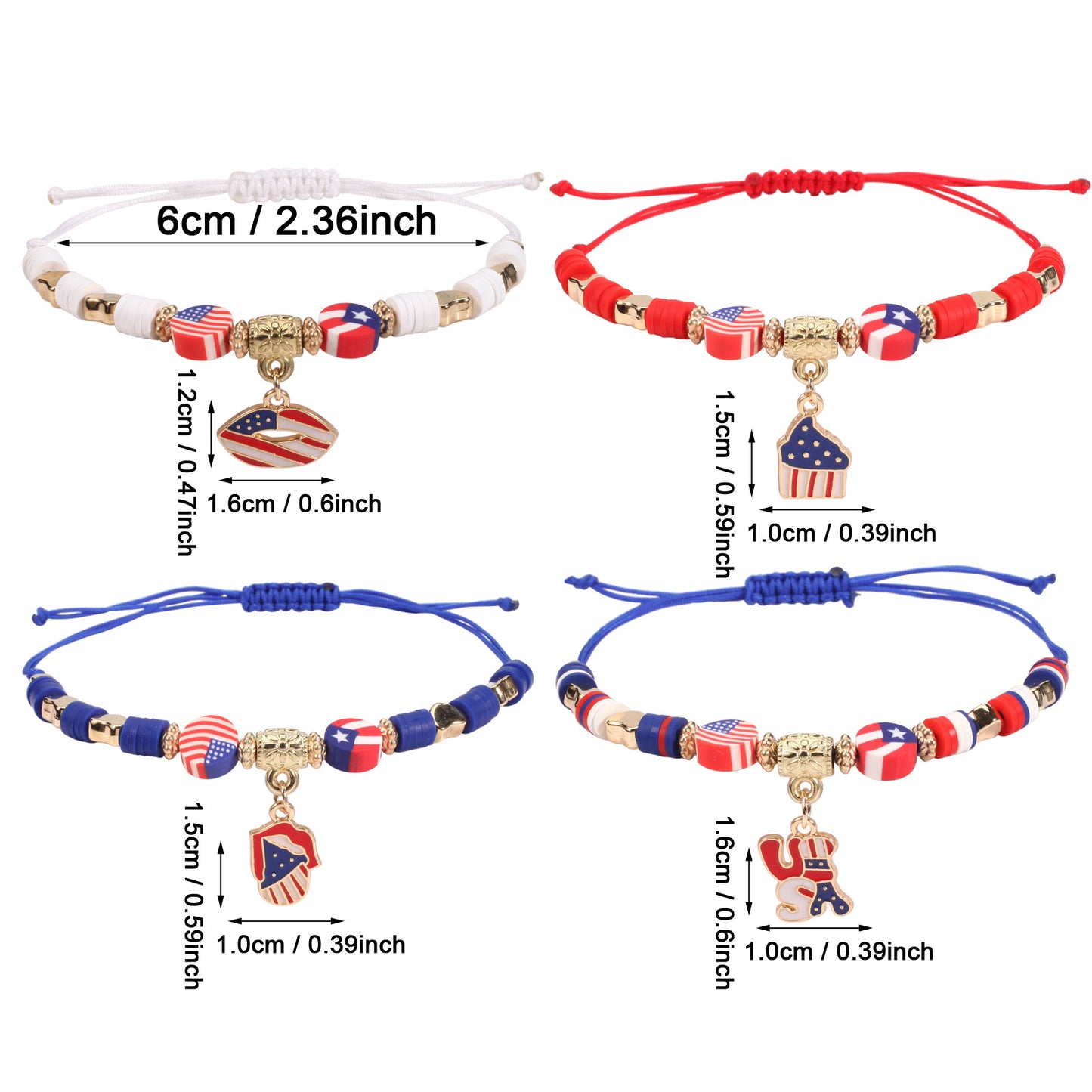 Patriotic American Flag Woven Adjustable Bracelet with Heart Star Butterfly Round Crystal Charms Red White Blue Unisex Jewelry