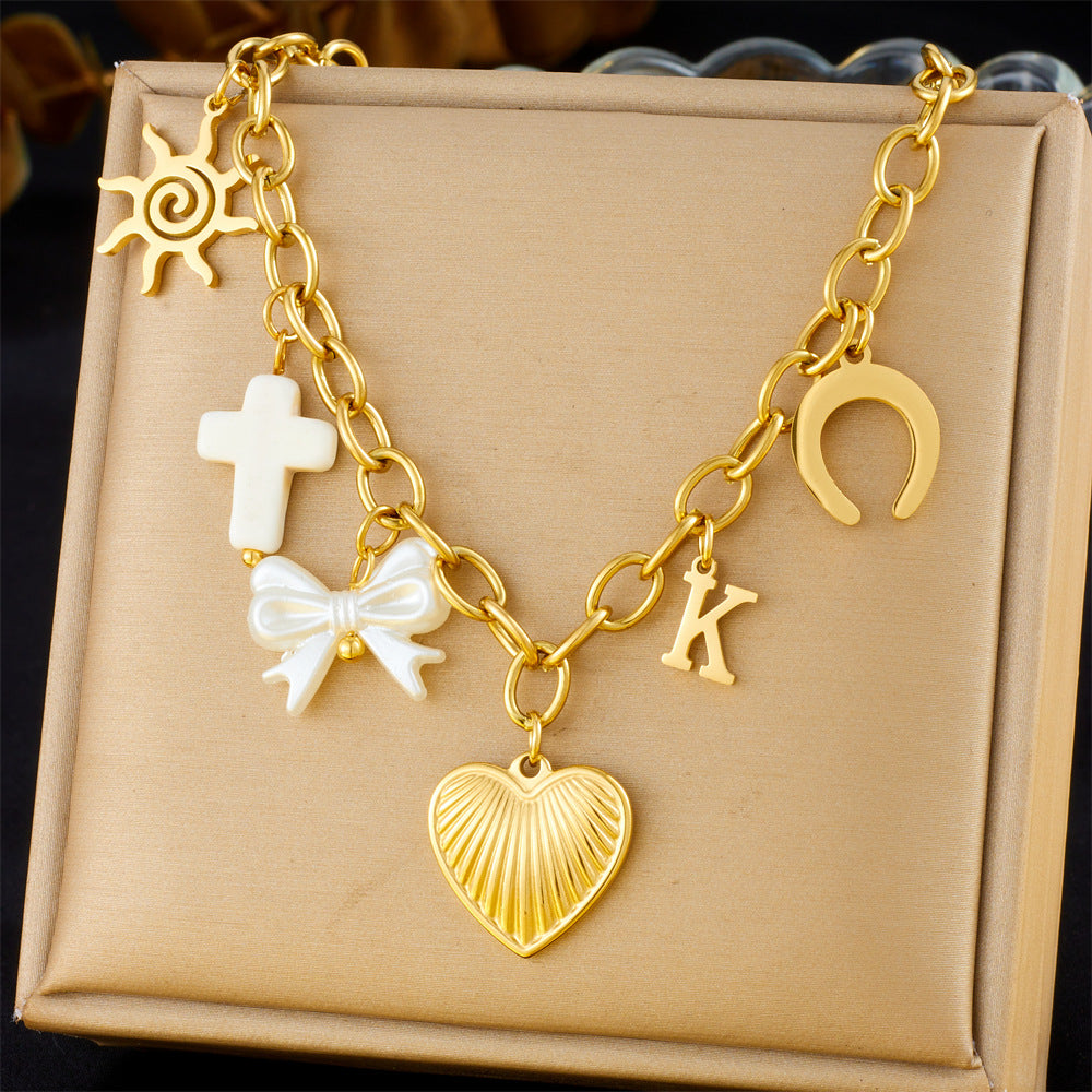 Vintage Elegant Heart Bow Cross Floral Stainless Steel Plated Necklace for Women