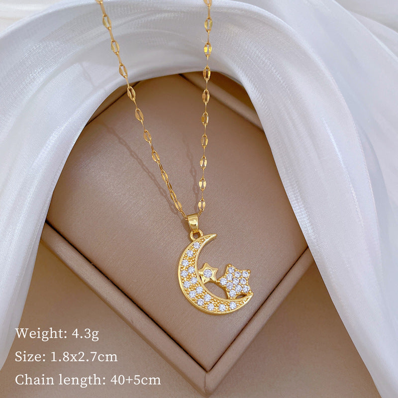 Luxury Minimalist Sweet Geometric Rhinestone Pendant Necklace for Women Titanium Steel O-Chain