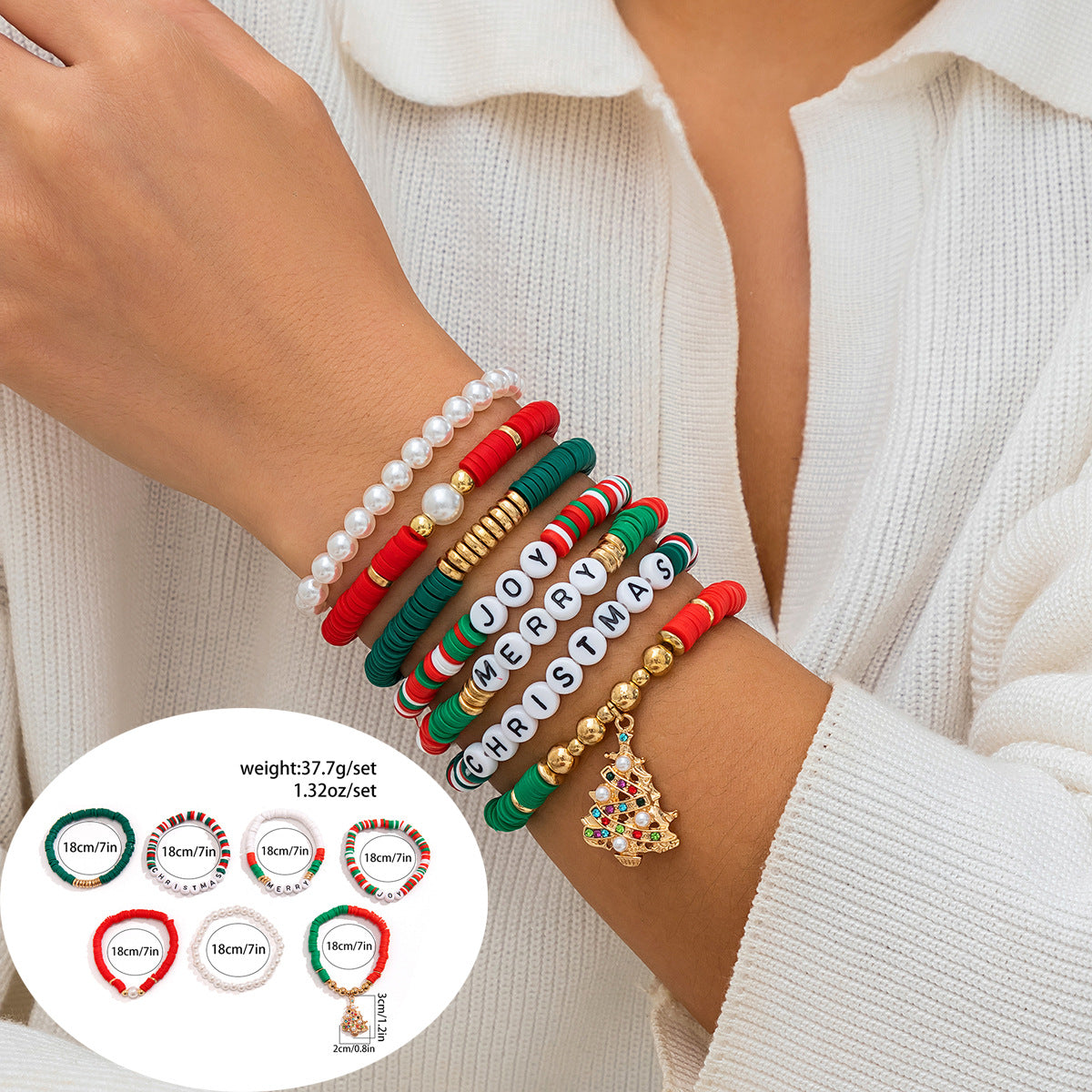 Set de pulseras de resina con forma de letra con motivos navideños de renos y campanas para mujer