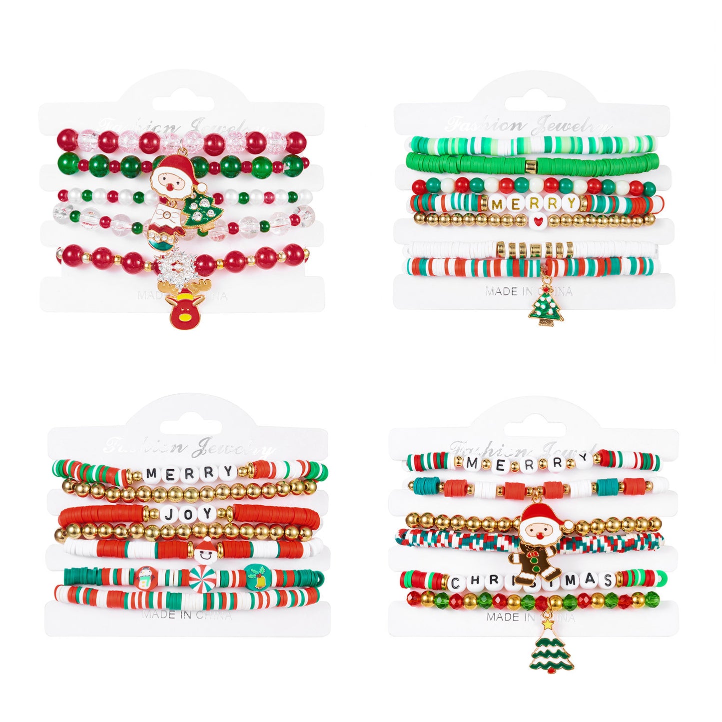 Sweet and Edgy Christmas Tree and Heart Polymer Clay Beaded Bracelet Set for Women Alloy Multi-Layer Stacking Bracelets