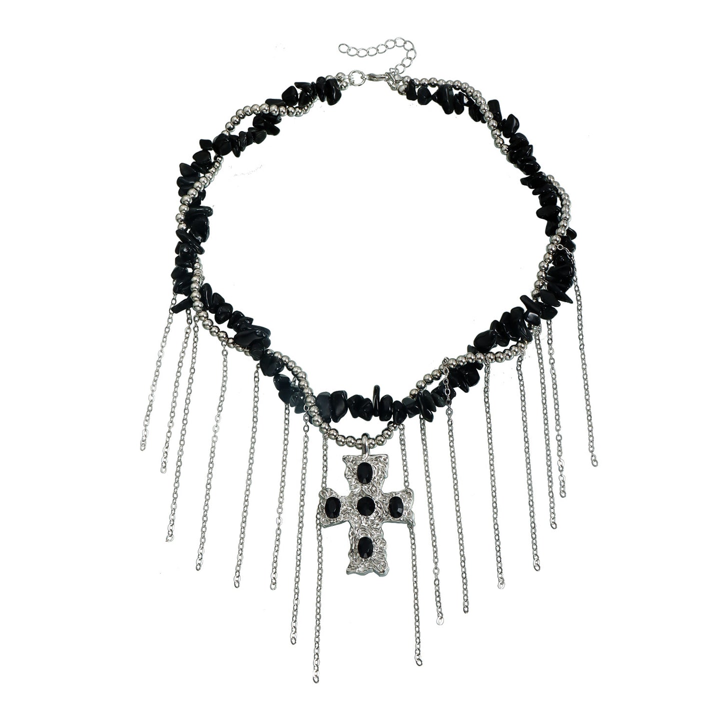 Gothic Streetwear Cross Geometric Alloy Plated Necklace with Black Stone Tassel for Women