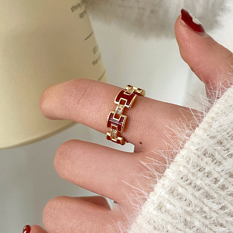 Anillo abierto con la letra H de cobre chapado en oro, estilo vintage, para mujer, con acabado esmaltado y diseño de tipografía minimalista