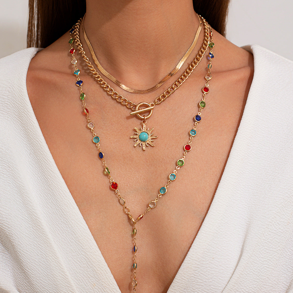Sweet Geometric Alloy Crystal Pendant Multi-Layer Necklace for Women