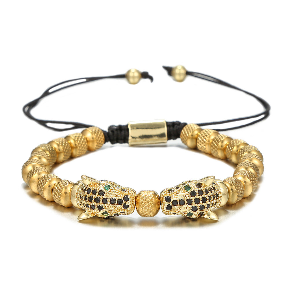 Vintage Leopard Head Hand-beaded Titanium Steel Bracelet with Cubic Zirconia Adjustable Pineapple Beads for Unisex