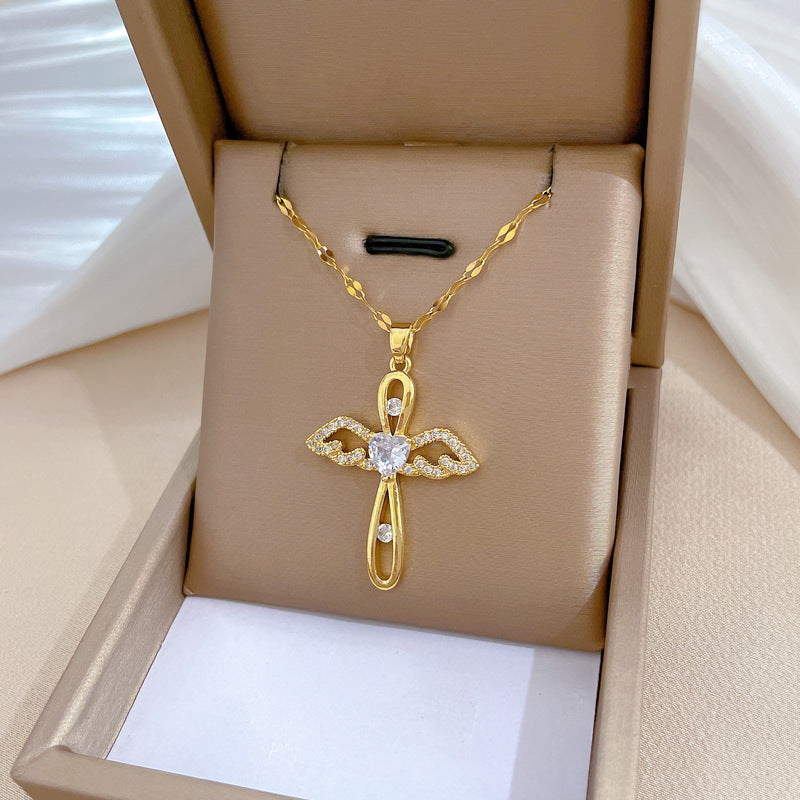 Collana a croce geometrica di lusso in acciaio al titanio per donna con catena alla clavicola e intarsio di strass