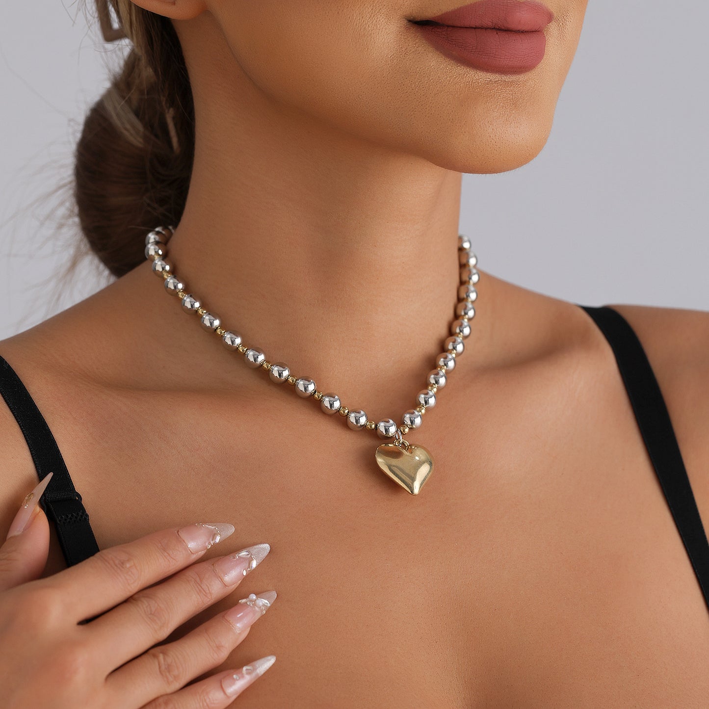 Sweet and Edgy Instagram Style Geometric Heart Pendant Necklace in Alloy with Plated Finish for Women
