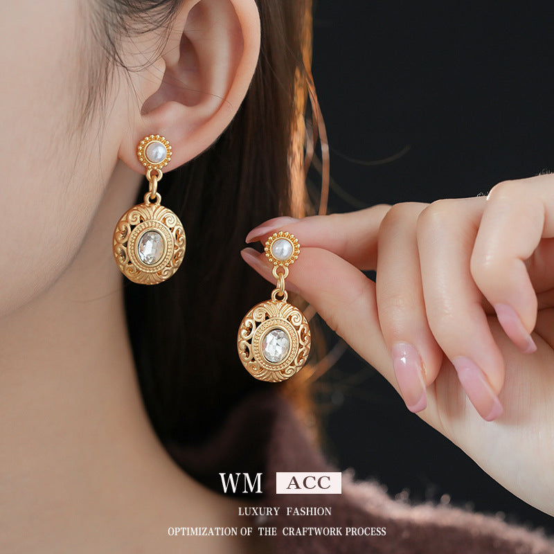 Orecchini a Perno in Perla Stile Vintage con Intarsio di Strass, Design Geometrico Rotondo e Ovale per Donne