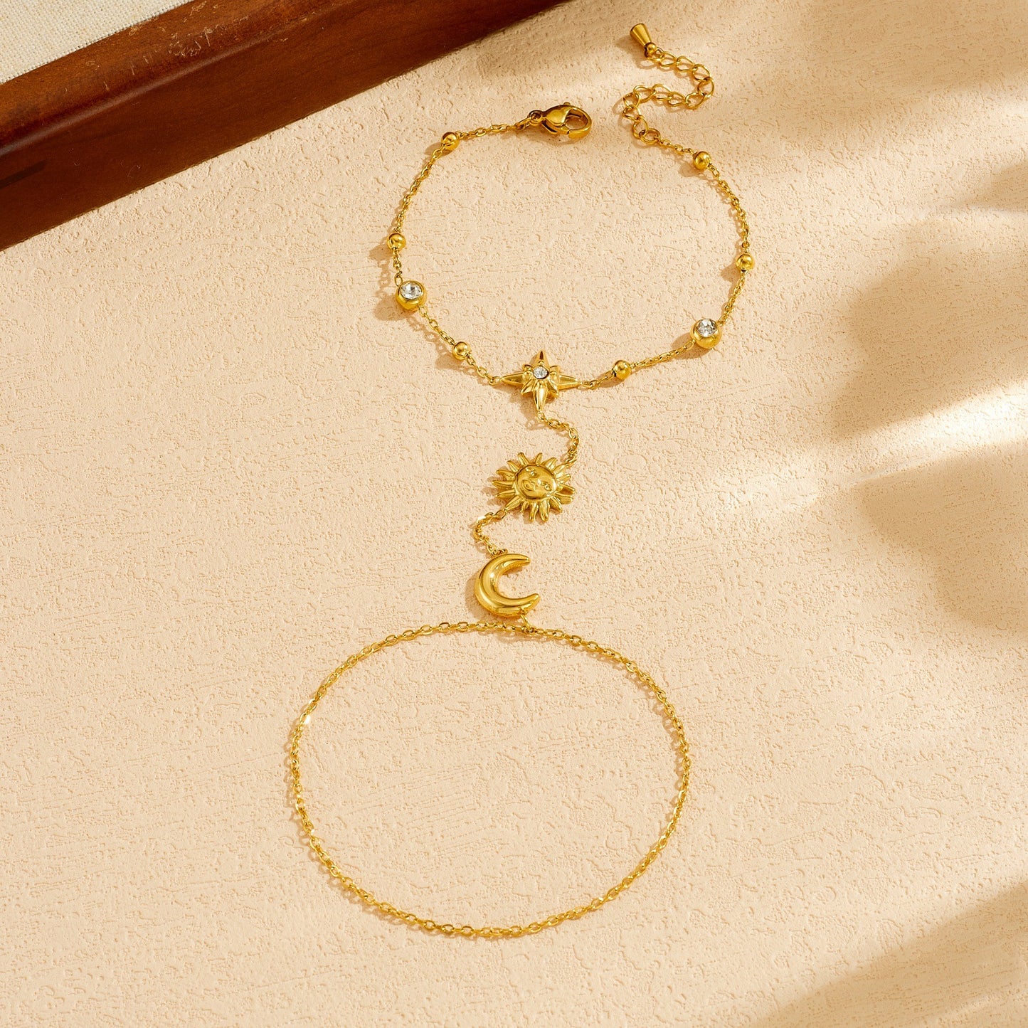 Minimalist Gold Plated Stainless Steel Star Moon Hand Chain Bracelet for Women