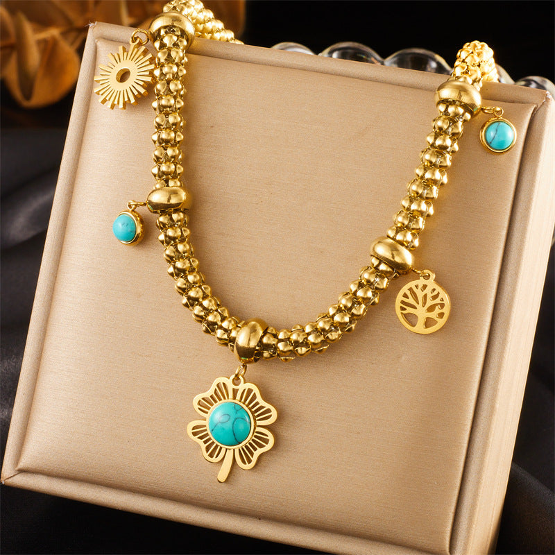 Vintage Fashion Stainless Steel Clover Tree of Life Pendant Necklace with Turquoise Inlay