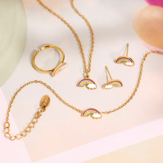 Sweet Cute Rainbow Cloud Pendant Necklace Set with Stainless Steel Chain and Titanium Steel Pendant, Electroplated Finish for Girls