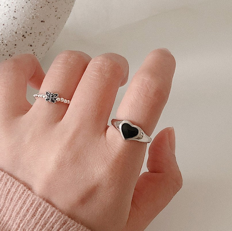 Vintage Minimalist Sweet 925 Sterling Silver Polished Heart Ring with Round Polka Dot Design Open Adjustable Band