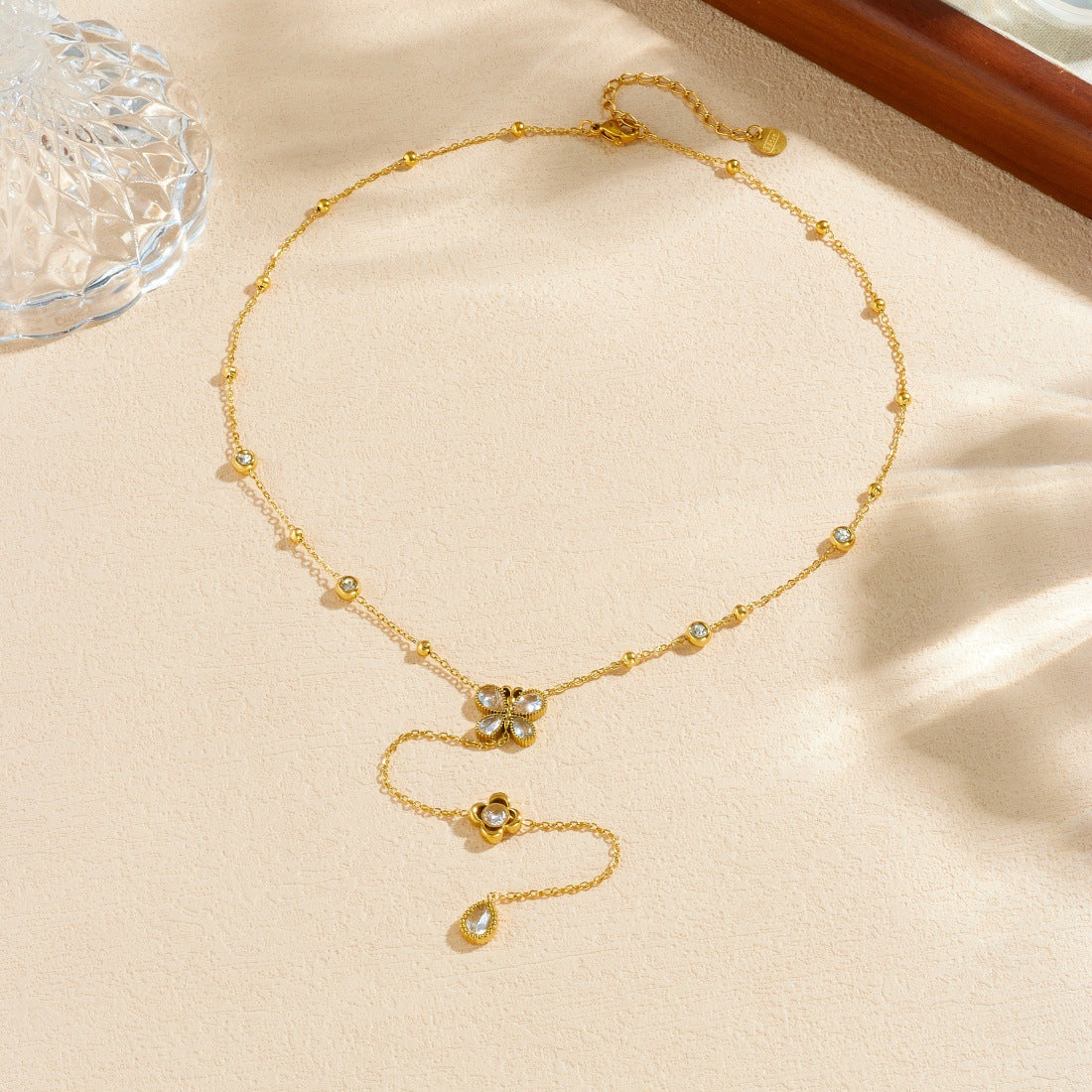 Elegant Gold Plated Stainless Steel Butterfly Rose Teardrop Pendant Necklace with Rhinestones for Women