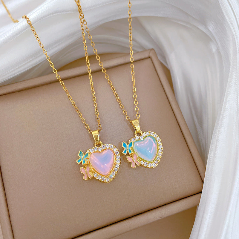 Sweet Colorful Heart Butterfly Geometric Rhinestone Pendant Titanium Steel Necklace for Unisex