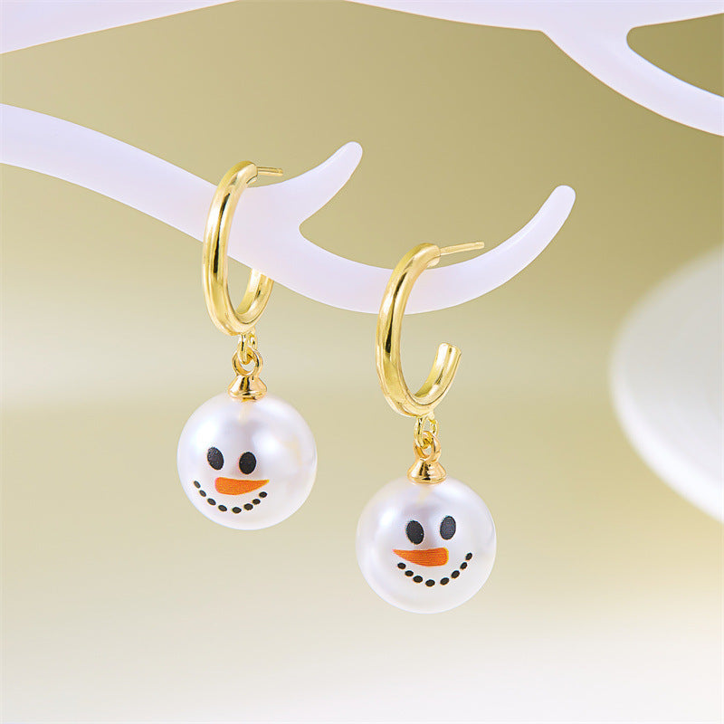 Orecchini a cerchio da donna alla moda con motivo pupazzo di neve sorridente e piangente a tema Halloween con dettagli in perle e base in lega con finitura placcata