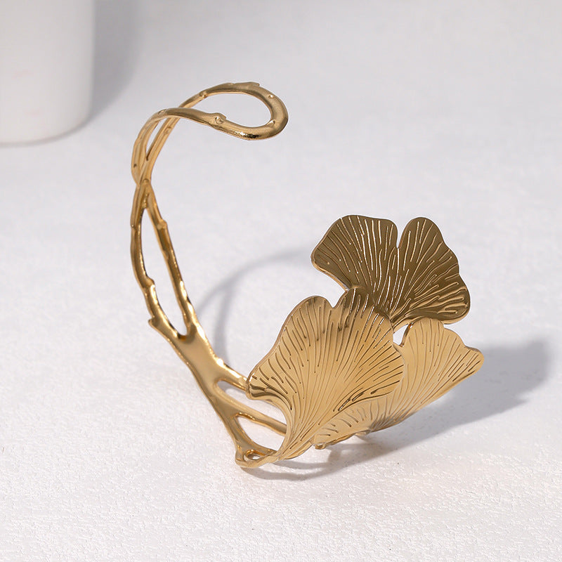 Minimalist Ginkgo Leaf Shaped Stainless Steel Bracelet with 18K Gold Plating for Women