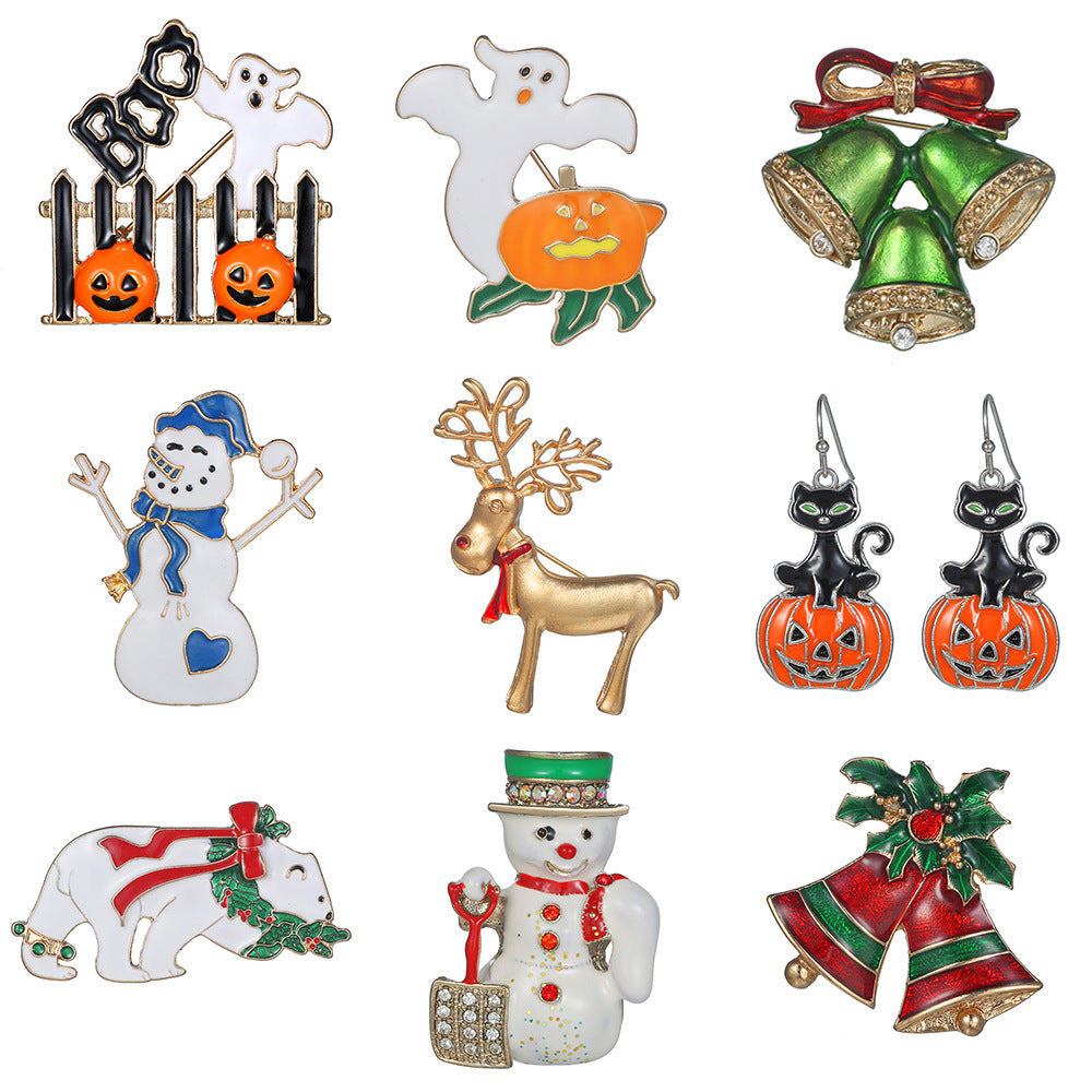 Geometric Drip Oil Plated Alloy Brooch with Christmas Pumpkin Reindeer Snowman Sleigh Ghost Apple Designs for Women
