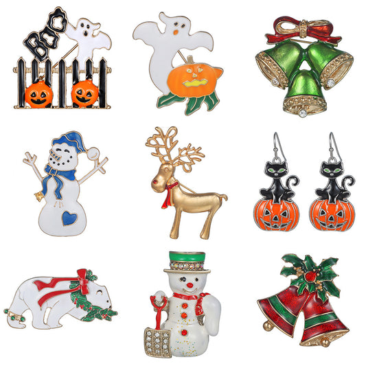 Geometric Drip Oil Plated Alloy Brooch with Christmas Pumpkin Reindeer Snowman Sleigh Ghost Apple Designs for Women