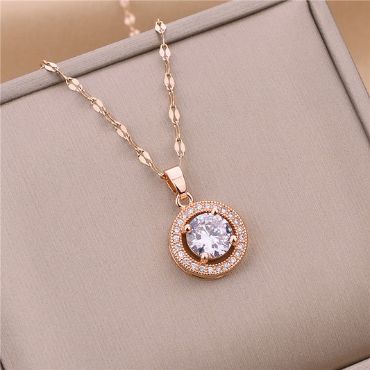 Fashion Round Pendant Necklace in Titanium Steel with Rhinestone Inlay and Gold Plating for Women