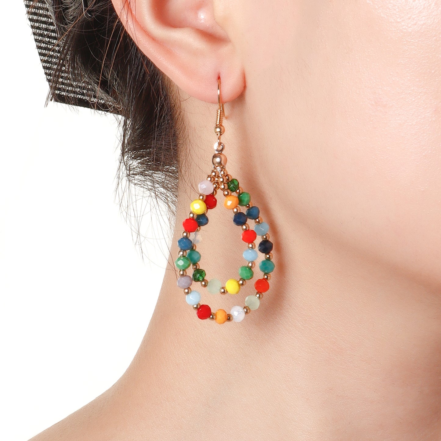 Orecchini a cerchio doppio in cristallo e vetro colorato stile geometrico, fatti a mano con perline, gioielli dolci ed eleganti da donna