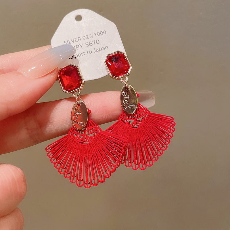 Elegant Geometric Dangle Stud Earrings for Women with Red Tassels, Alloy Base and Gold Plated Finish