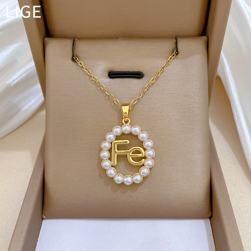 Sweet Geometric Moon Hollow Pearl Rhinestone Pendant Necklace Titanium Steel Cable Chain for Unisex
