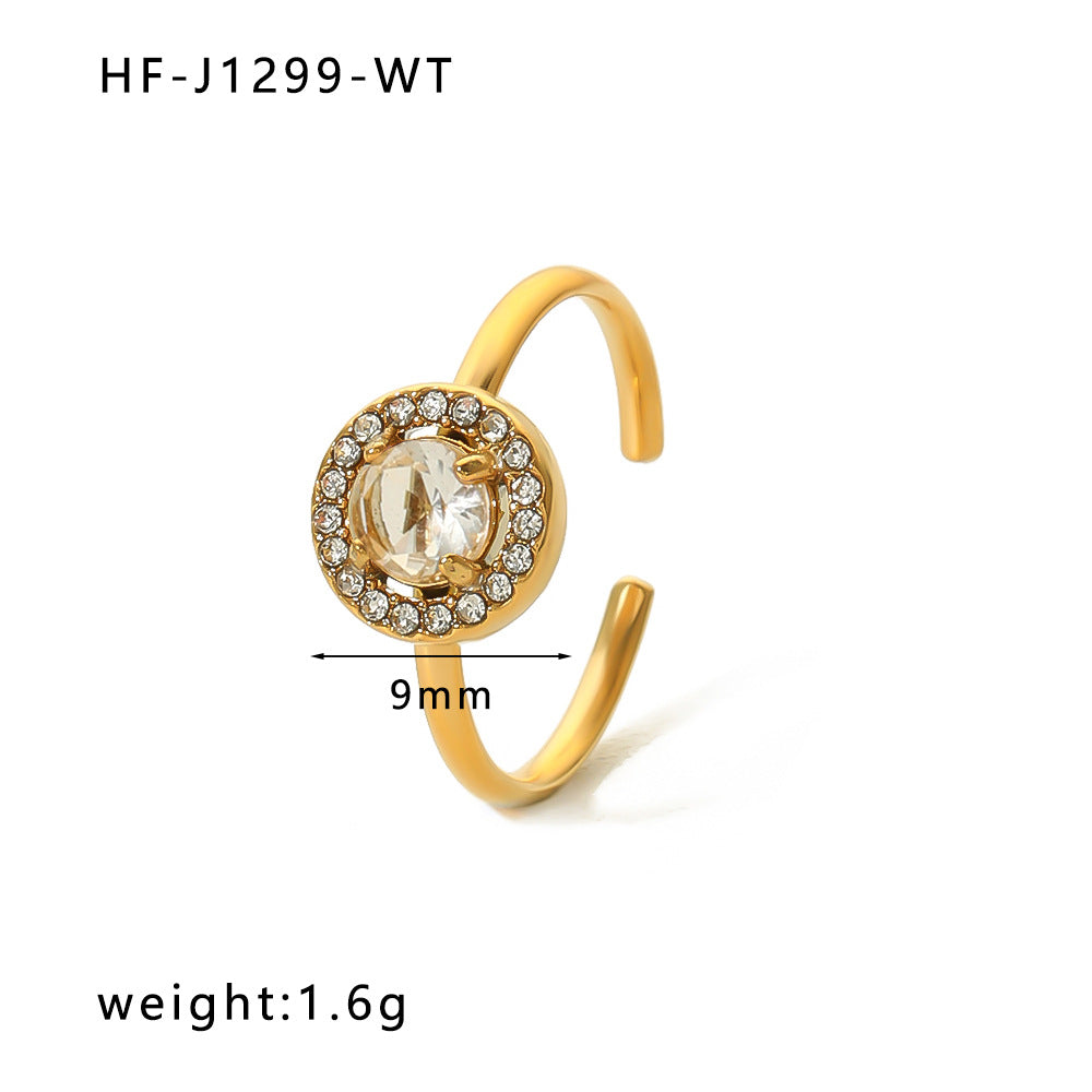 Vintage Stainless Steel Heart-Shaped Geometric Ring with Zircon Inlay and 18K Vacuum Plating for Women