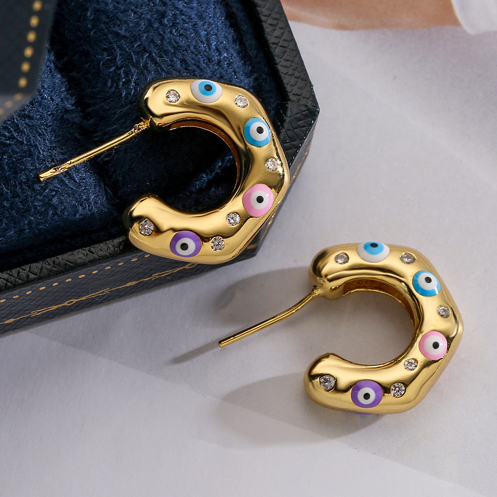 Irregular Geometric C-Shaped Earrings for Women with Micro-Pave Setting in Copper, Fashion-Forward Minimalist Design