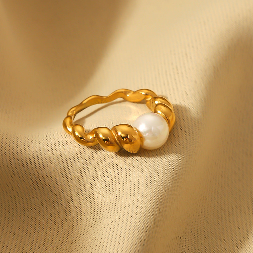 Vintage Geometric Stainless Steel Ring with Pearl Accents and 18K Vacuum Plating for Women