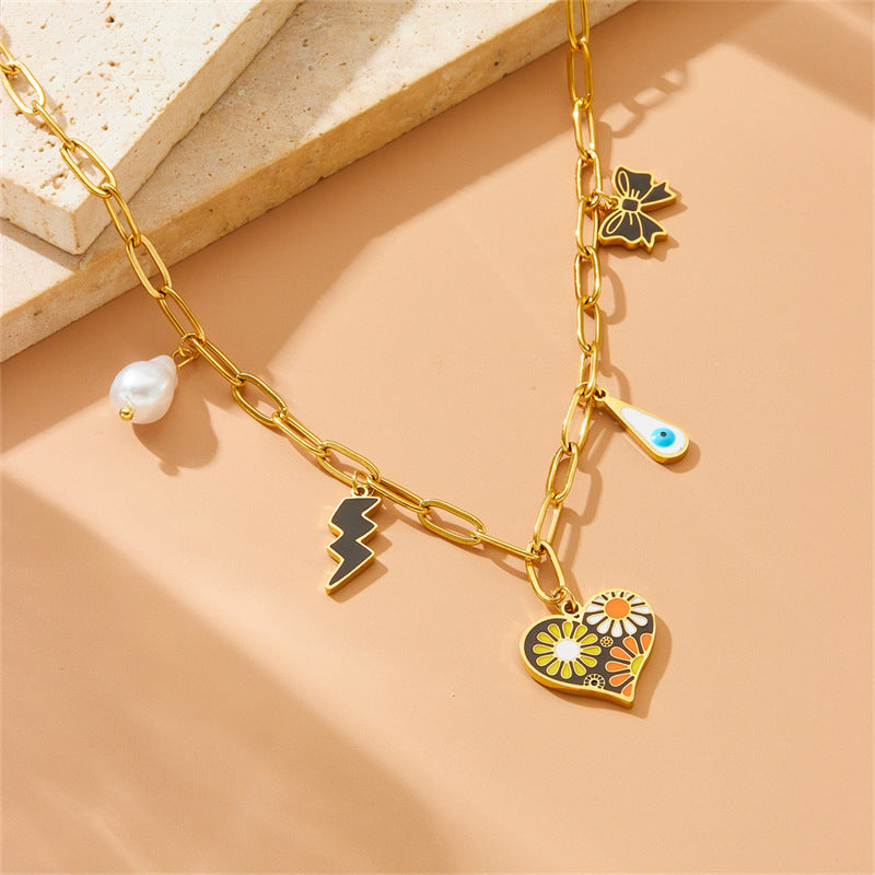 Fashion Drip Oil Plated Heart Butterfly Floral Stainless Steel Necklace with Cable Chain for Women