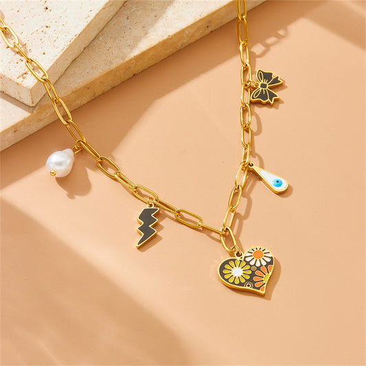 Fashion Drip Oil Plated Heart Butterfly Floral Stainless Steel Necklace with Cable Chain for Women