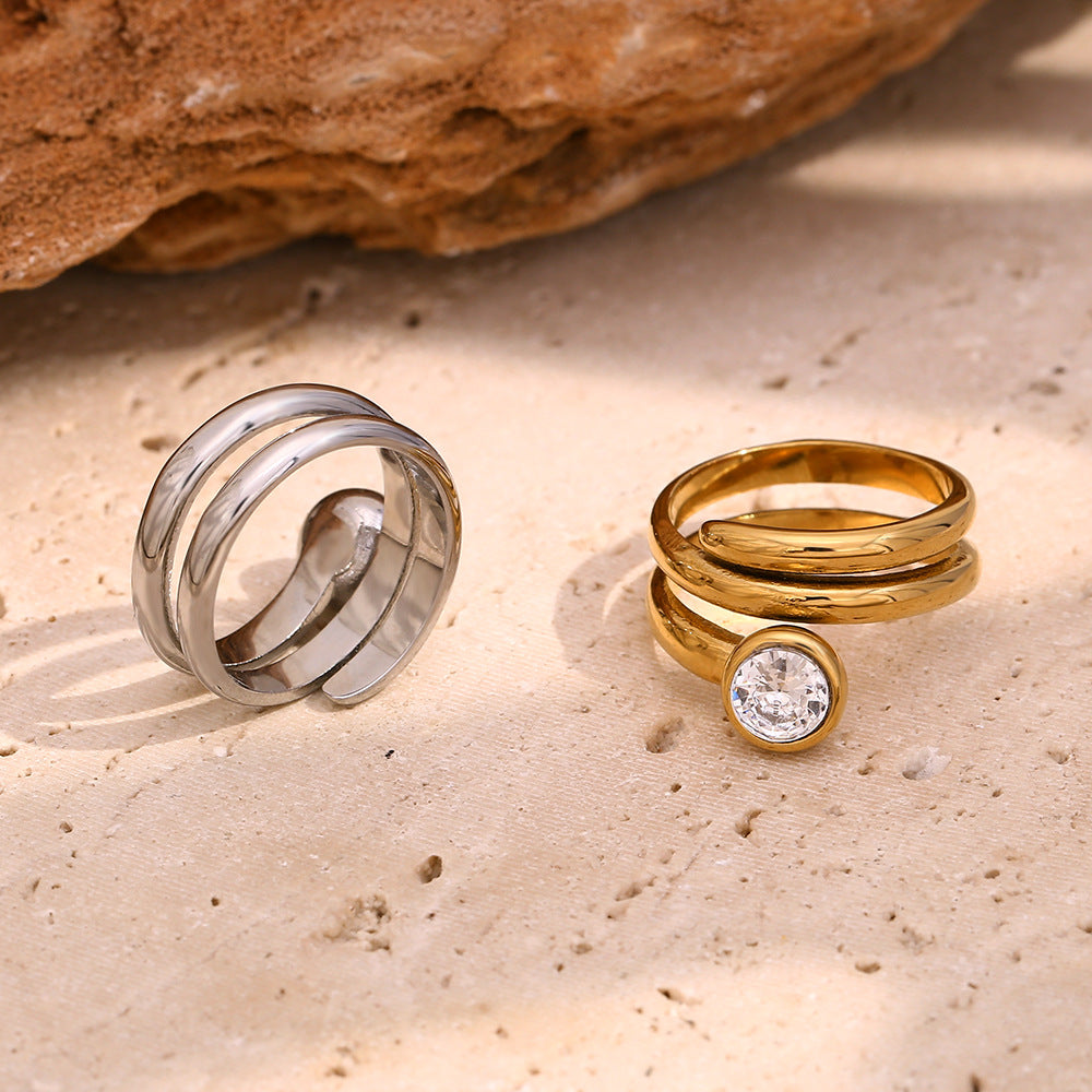 Minimalist Geometric Stainless Steel Plated 18K Gold Double-Layer Snake Head Ring with White Rhinestones for Women