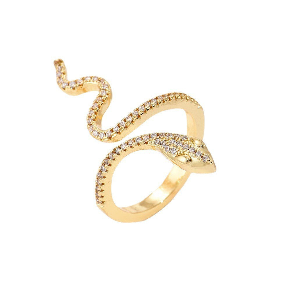 Geometric Snake-Shaped Copper Ring with 18K Gold Plating and Zircon Inlay for Women