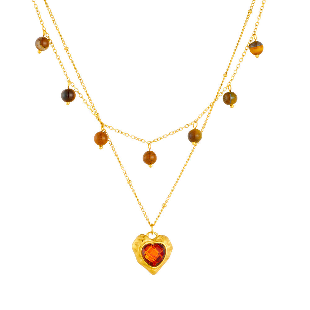 Vintage Heart Tiger's Eye Plated Stainless Steel Layered Necklace for Women