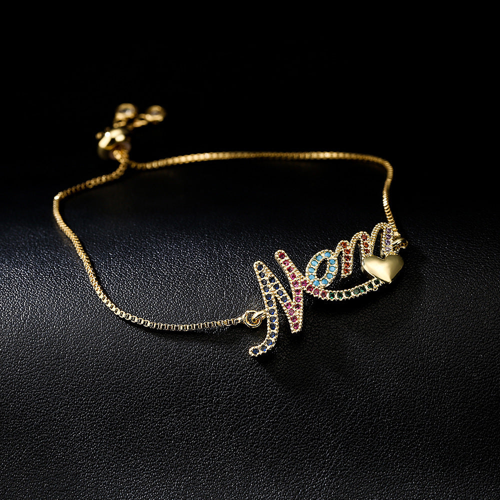 Geometric Style MOM Heart Pendant Bracelet in Copper with 18K Gold Plating and Cubic Zirconia Inlay