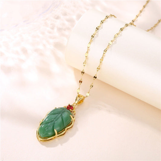 Fashion 18K Gold Plated Titanium Steel Leaf Pendant Necklace with Imitation Chalcedony Inlay for Women