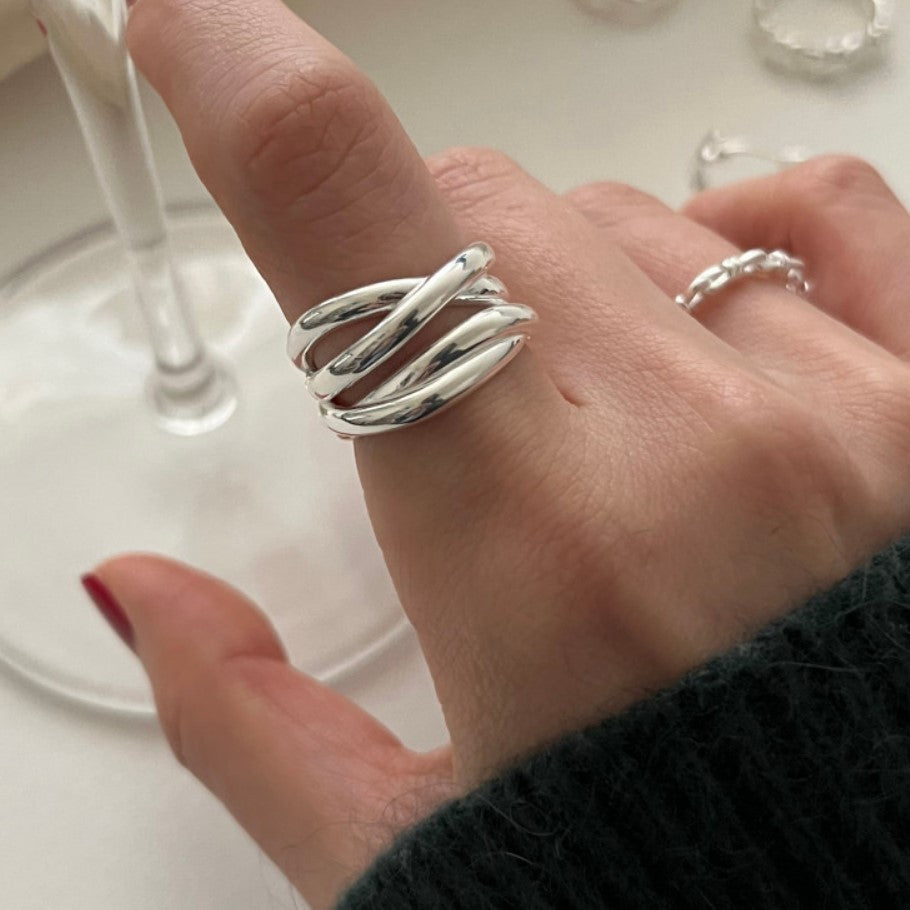 Anello da donna astratto geometrico lucido in argento sterling 925